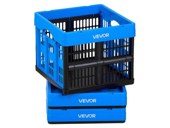 Lot de 3 bacs pliants VEVOR 25 L\, bacs de rangement pliables en plastique\, bacs empilables avec poignées\, capacité de charge de 10 kg par bac\, bacs pliants\, idéaux pour l'organisation de la maison\, bleu et noir