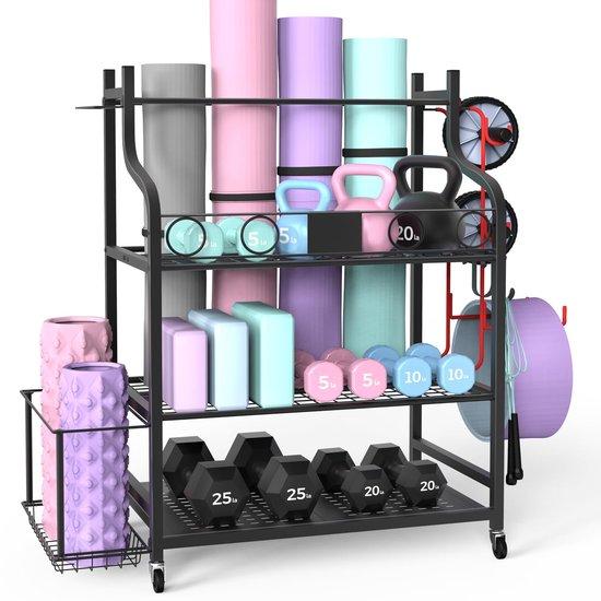 Auffangvorrichtungen für Yogamatten, Hanteln, Kettlebells, Schaumstoffrollen, Yogagurte, Widerstandsbänder und andere Fitnessgeräte zur Organisation und Aufbewahrung im Home-Gym