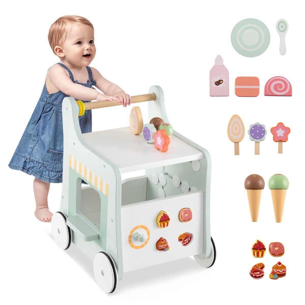 Costway 2-in-1 Houten Loopwagen met Ijs Glijbaan, Doolhof en Montessori-Activiteitencentrum voor Peuters, Groen
