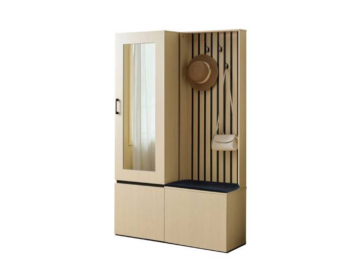 Ensemble de mobilier d'entrée moderne comprenant une armoire un miroir et un banc. Ce meuble inclut une penderie extensible un ran