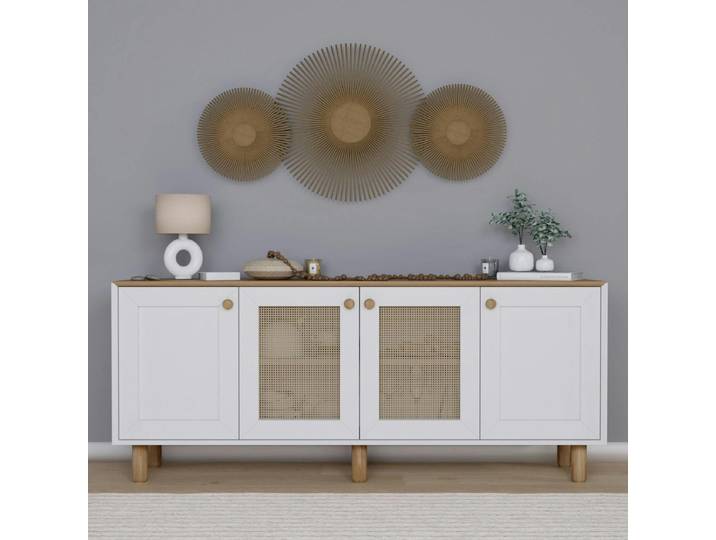 Buffet / enfilade 180cm 4 portes VAREN - Blanc / Noyer / Cannage 2 portes