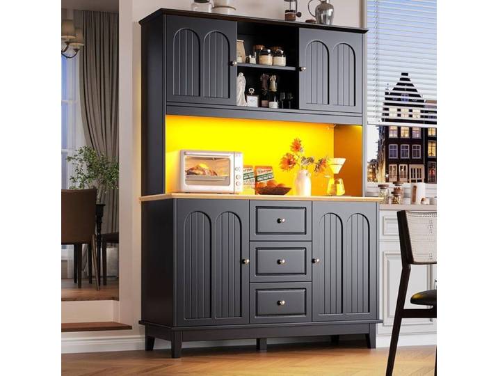 Armoire de cuisine haute avec plan de travail 120x40x180 cm Armoire haute de buffet avec 4 portes 3 tiroirs et étagères ouvertes
