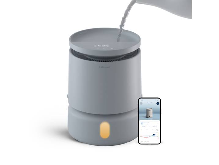 Blueair DreamWell H38i luchtbevochtiger 48 uur van bovenaf vullen nevelvrij InvisibleMist-technologie aromasteen etherische oliën rustgevende sfeerverlichting stil grijs