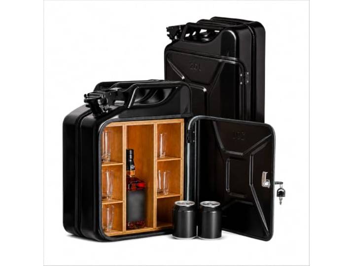 Totoll Shop 20L Kanister Bar inkl. 3 Whisky Gläser- Jerrycan 4 Herausnehmbaren Fächern schwarzer Metall Mobile Bar Geburtstagsgeschenk für Männer, Abschließbarer Minibar - Größe: 36x46x18cm