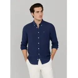 Hackett London für Herren. HM3010635 Maßgeschneidertes Hemd aus navyfarbenem Leinen (L), Lässig, Langarm, Marine