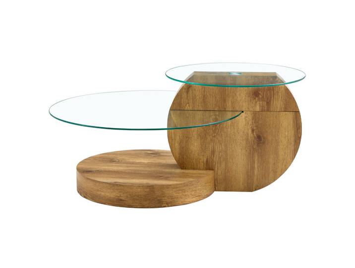 Evryae Couchtisch Glas MDF mehrstufig gehärtete Glasplatte Ablagen Farbe Transparent/Nussbaum, Transparent, Naturfarben, Glas, Rund,Rund, 89.9x43.2x89.9 cm, Wohnzimmer, Wohnzimmertische, Couchtische