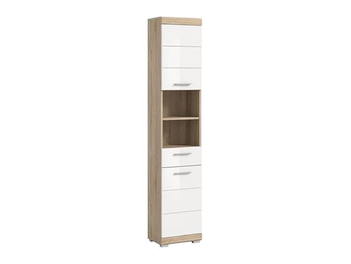 xonox.home Badezimmer Lambada X06F1711 Hochschrank Schrank Badezimmerschrank in Front weiß Hochglanz Korpus Sonoma Eiche hell ca.37x191x31 cm