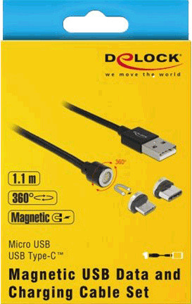DeLock Magnetische USB-data- en oplaadkabelset voor Micro USB en USB-C, zwart, 1,1 m