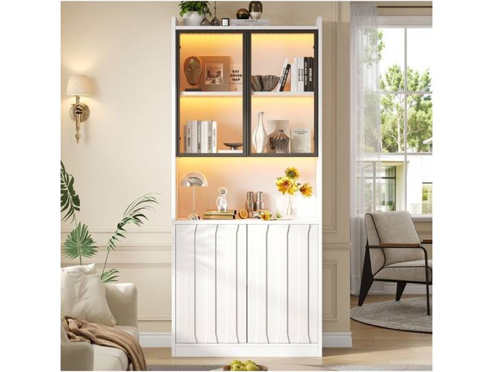 PENQUR Vitrine haute LED Bluetooth 80 x 35 x 200 cm 4 portes dont 2 vitrées blanc