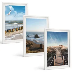 BILDER SET 3er Set - 40x60 cm Weißer Rahmen - Strandwellen, Himmelsbrücke, Spaziergang