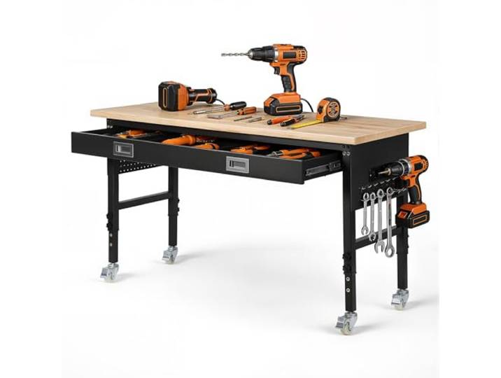 VEVOR Établi Atelier sur roulettes 152\,4x61 cm Établi Garage Réglable en Hauteur 76-101 cm Table Travail Charge 680 kg pour Bricolage Bureau\, avec Tiroir\, Prise Électrique\, Plateau Bois Chêne Massif