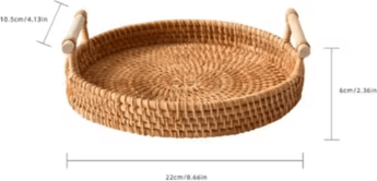Uplift Curations Handmade Rattan Serving Tray With Double Handles Round Decorative Kitchen & Dining Organizer 22cm