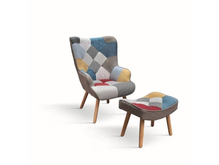 Fauteuil tissu patchwork multicolore, pieds bois, repose-pieds