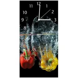 Wallario Uhr 30 x 60 cm, weiße Zeiger Paprika-Mix - frische Paprika in rot, gelb und grün im Wasser