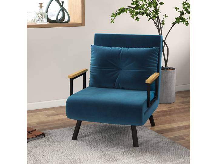 HOMCOM Fauteuil Lit Convertible 1 Place Velours Bleu