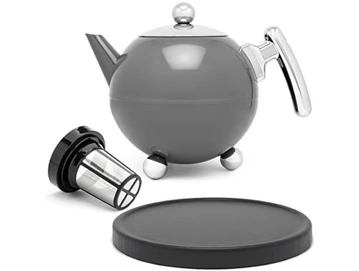 Bredemeijer Bella Ronde Edelstahl-Teekannen-Set 1,2L - Doppelwandige Edelstahlkanne mit Füßen, Kugelform, grau - Mit schwarzem Untersetzer & Tee-Filter Sieb-Aufsatz für losen & Blätter-Tee