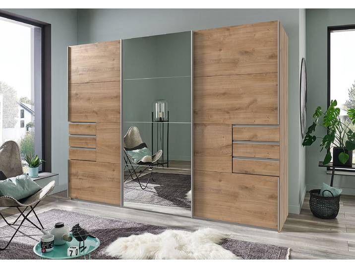 Schwebetürenschrank Saigon - Spiegel 270cm Braun/Plankeneiche Dekor Silber