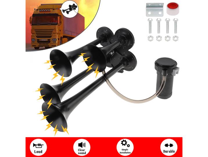 Klaxon à Air à quatre trompettes Super fort 12V 185db, adapté aux camions/voitures avec compresseur, klaxon à Air sonore Musical noir/argent