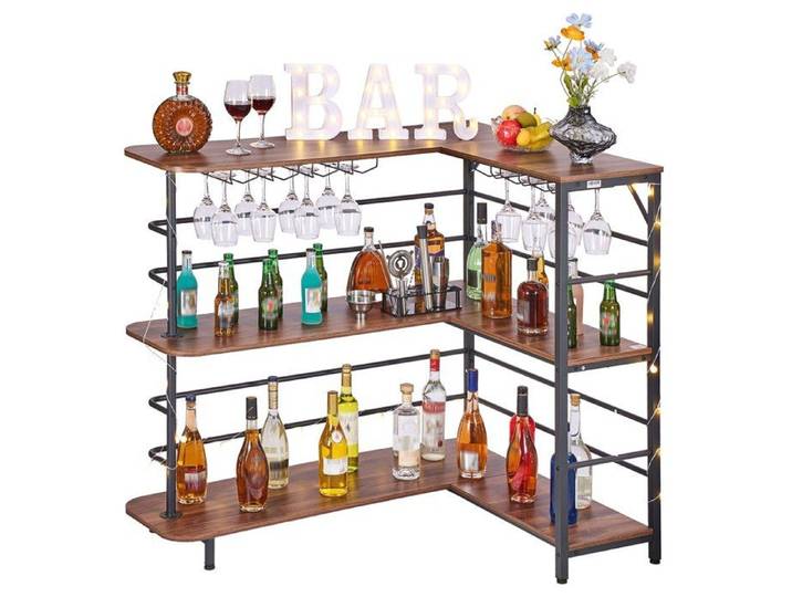 Meuble Bar d'Angle Bar de Salon 3 Niveaux pour Bouteilles Verres Cuisine Maison Pub Finition Noyer et Structure Métallique