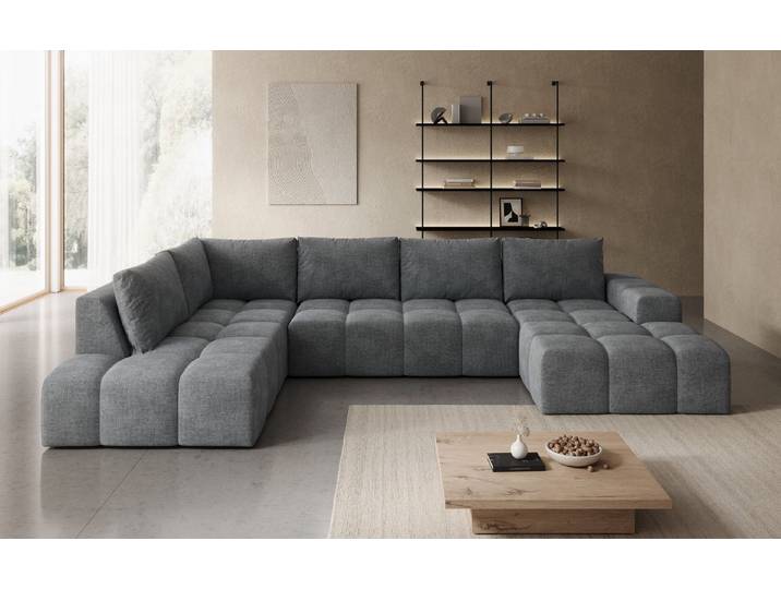 PROMETO Möbel Ecksofa U-Sofa, Große Sofa im Cord-Stoff, Teddy-Boucle oder Web, 2 Ottomanen, Großes U-Sofa mit Cordstoff-Bezug, zwei Ottomanen