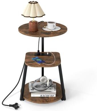 Costway 3-Tier Round End Table with Charging Station with Metal Frame-1 pack