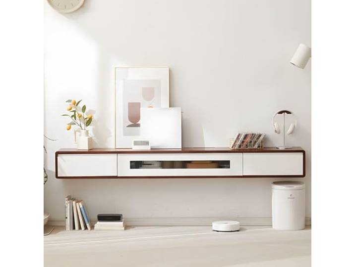 tv schrank Moderner schwebender TV-Ständer mit Klapptüren aus Massivholz Schwebendes TV-Ständerregal mit Schubladen zur Wandmontage