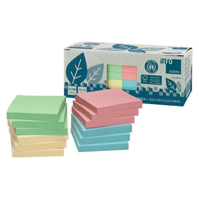 Info Recycling Haftnotizen Standard 5654-88BOX farbsortiert 12 Blöcke (75 x 75 mm) (5654-88BOX)