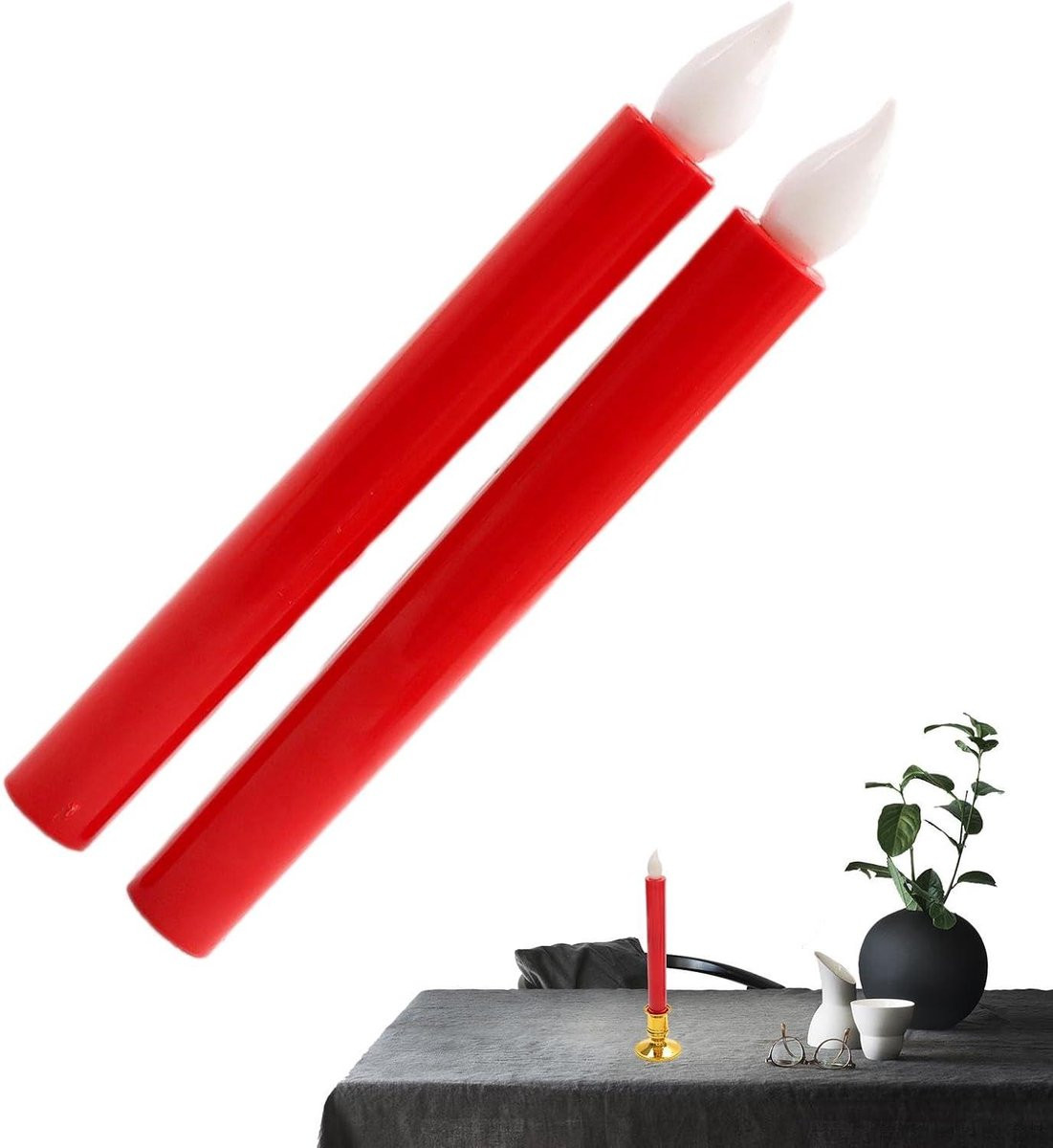 Rode LED Kaarsen met Realistisch Vlam Effect - Sfeervolle Vlamloze Verlichting - 2,2 x 21 cm