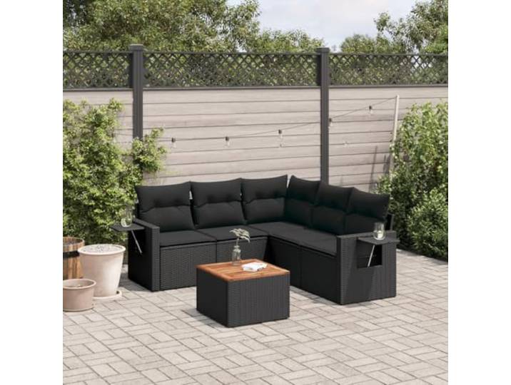 KTHLBRH Gartenmöbel-Set 6-teilig mit schwarzen Kissen aus Polyrattan Modular mit Couchtisch, Sitzflächen mit wasserdichter Aufbewahrung, Tischplatte aus Akazie, für Terrasse und Terrasse
