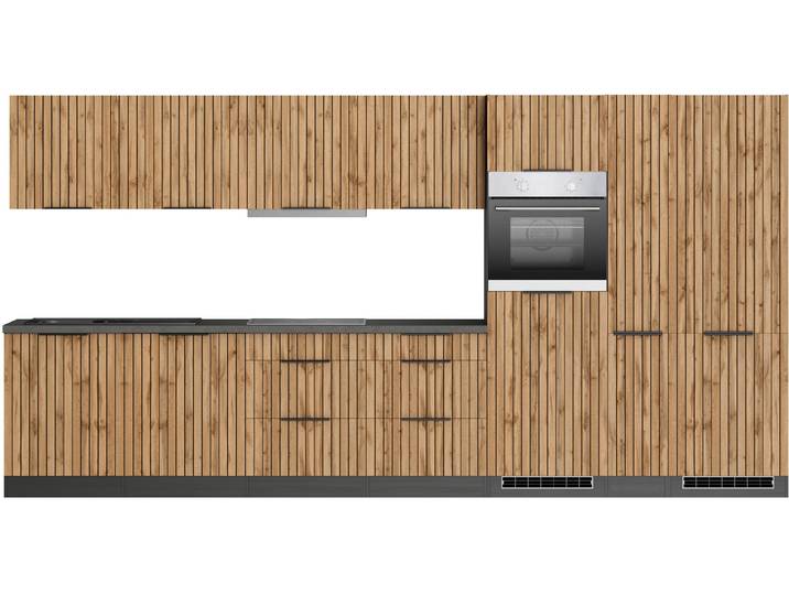 Küchenzeile, Spanplatte, Beige, 390×200 cm, Mit E-Geräten & Cerankochfeld, Modern