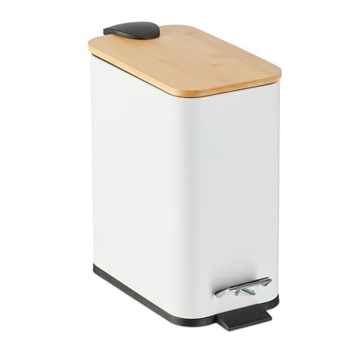 Relaxdays Badkamer prullenbak met pedaal, 5 L, wit metaal met bamboe deksel en uitneembare binnenemmer