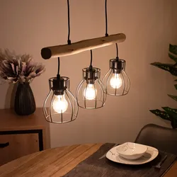Holz Design Hängeleuchte mit Gitter Lampenschirmen Pendelleuchte mit Holzbalken 3 flammig, Metall schwarz Holz natur, 5x E27 max 40 Watt, LxBxH  60x13,6x140 cm, Wohnzimmer Esszimmer