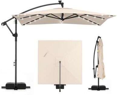 Costway 8 x 8 Square FT Solar LED Offset Cantilever Patio Umbrella with 360° Rotation-Beige