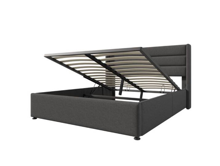 BEL Lit coffre rembourré hydraulique 140x200 matelas inclus lattes bois cadre métal lin gris