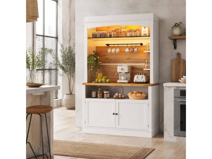 PENQUR Lot de 2 buffets hauts de cuisine avec LED RGB étagère en verre et 6 crochets blanc