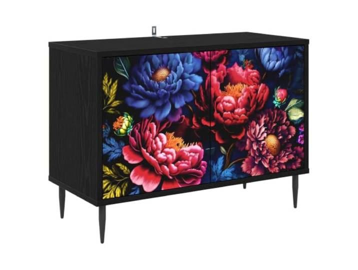 HFXHIJXQ TV-Schrank Kiel 69x33x50,5 cm Lowboard Schwarz Eichen-Optik Kompakte Phonomöbel mit 2 Türen und Zierelementen für Wohnzimmer und Schlafzimmer. Stabile Holzwerkstoff-Konstruktion.