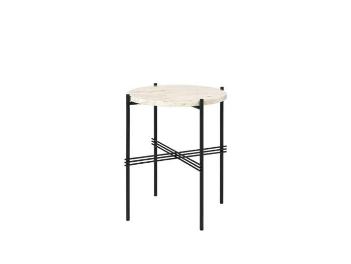 GUBI TS Round Sideboard Natural white travertine, ø40, Schwarzes Gestell