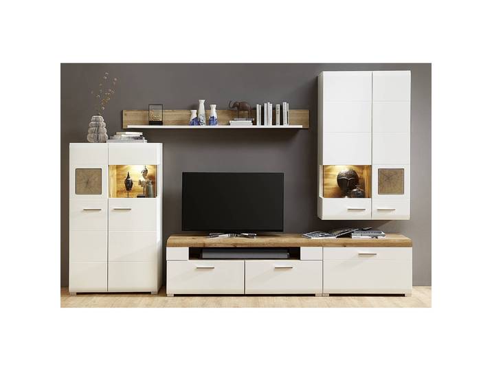 Wohnwand Aulby I 5-teilig Front & Korpus: MDF Mitteldichte Holzfaserplatte , foliert & beschichtet Absetzung: Spanplatte, foliert & beschichtet