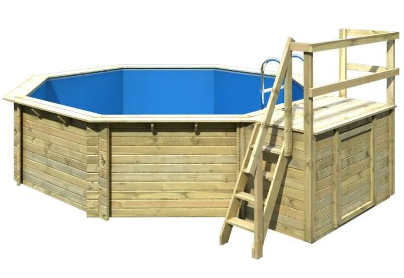 Aufstellpool Holzpool-Set Karibu Classic 2B rund Ø 470x124 cm inkl. Leiter, Bodenschutzvlies & Sonnendeck Holz