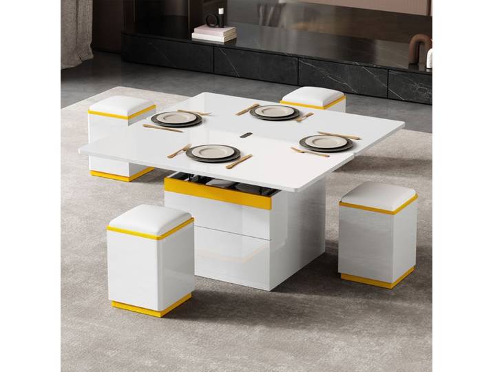 Table basse blanche brillante réglable en hauteur - Transformable en table à manger multifonctionnelle et design pour salon