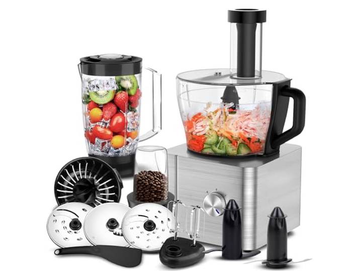 SNDOAS Robot Cuisine Multifonctions\, 1100 W Robot Culinaire\, Bol Mélangeur 3.2 L\, Hachoir Multifonction\, Robot Mixeur 1.5 L\, Moulin à café\, Argent