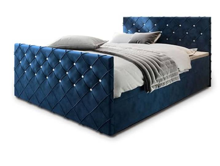 Masseno Boxspringbett Mandi 200x200 cm Komplett-Set mit Matratze und Topper, Polsterbett mit Zwei Bettkästen -Blau, Magic Velvet 2216