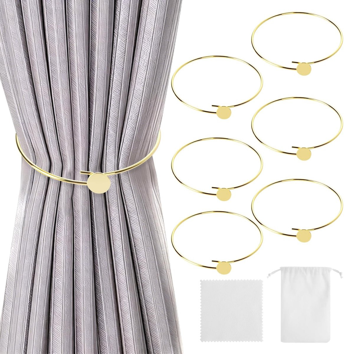 Set van 6 gouden Dailygoods gordijnhouders van hoogwaardig metaal met gordijnclips en binnendiameter van 60 mm