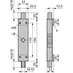 Kantriegel ohne Stulp, 19 mm Hub