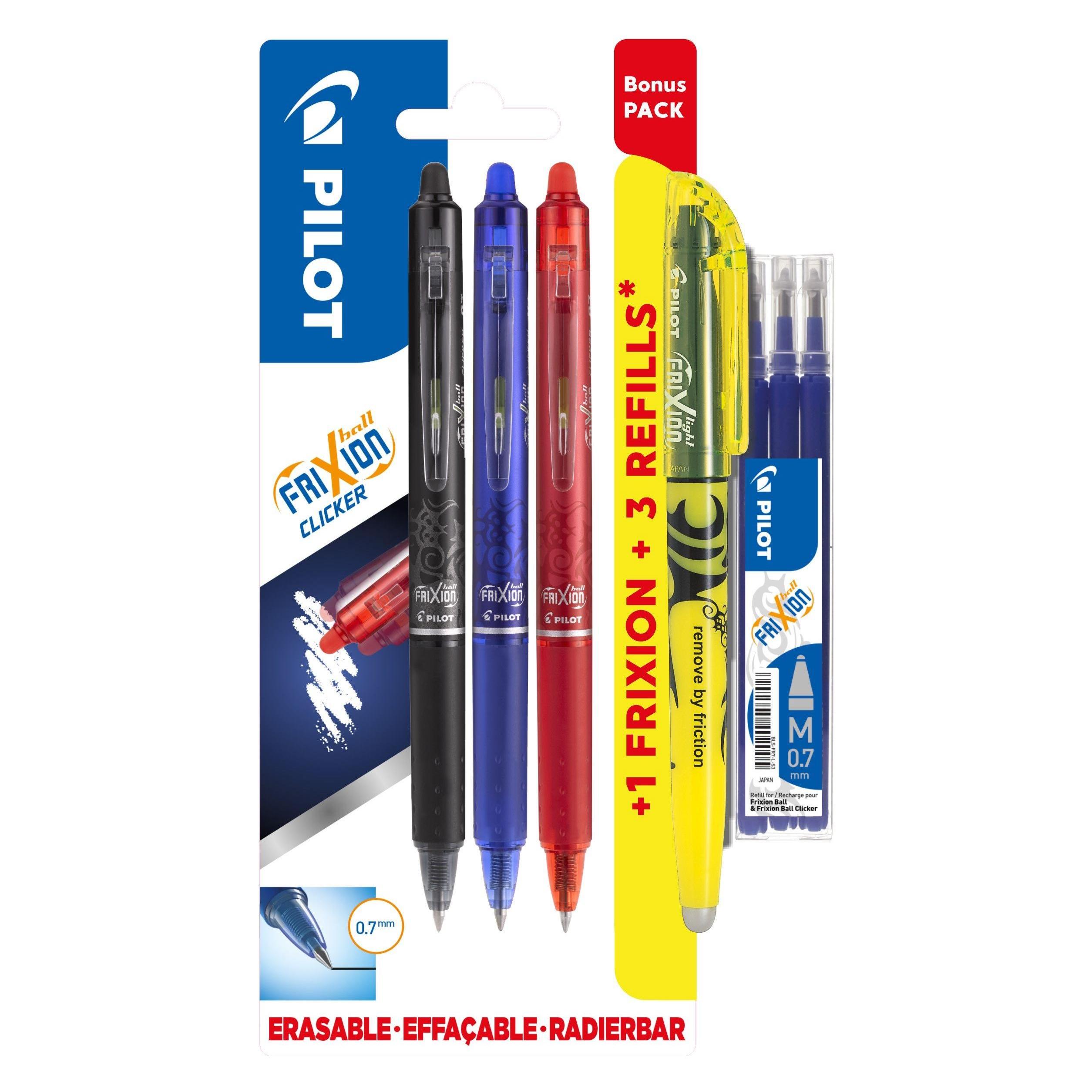 Pilot FriXion Clicker 0,7 Bonuspack med 3 stk. ass. farver - inkl. overstregningspen og 3 refills (3x) (420194)