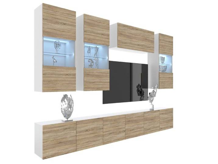BELINI Unité Murale TV MILANO 5 300 cm - Chêne Sonoma Mat - Ensemble Mural Salon Complet Suspendu - Système Sans Poignée