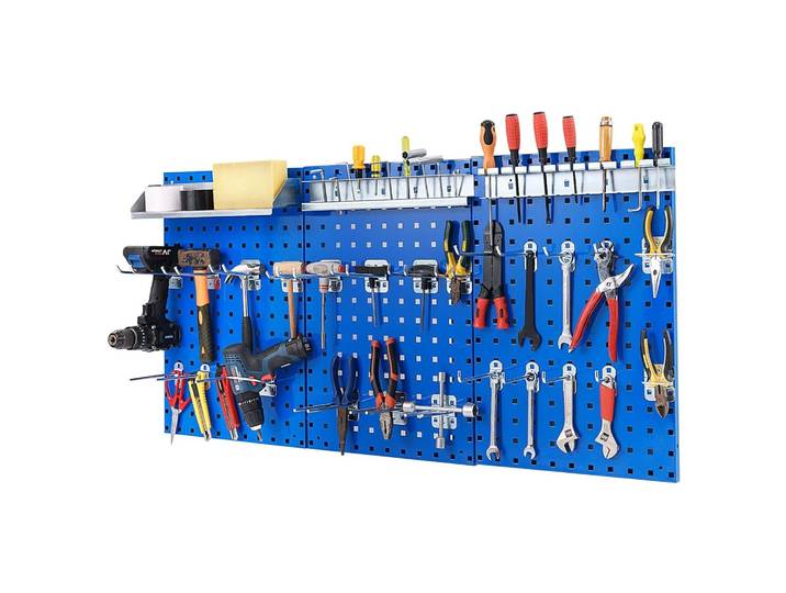 Mur d'organisation d'outils perforé avec 3 panneaux perforés et 28 accessoires suspendus, mur d'organisation d'outils avec trous de suspension carrés (Bleu)