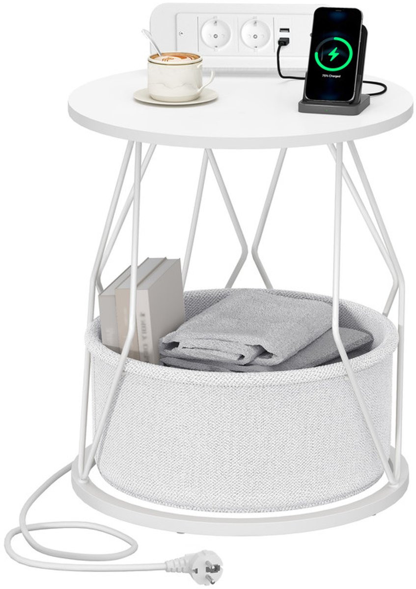 HILINSIE Ronde Bijzettafel Wit met Oplaadstation en Opbergmand