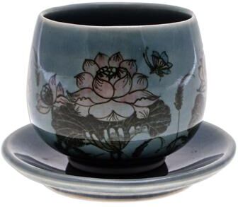 Novica Handmade Luxuriant Lotus In Blue Celadon Ceramic Cup And Saucer