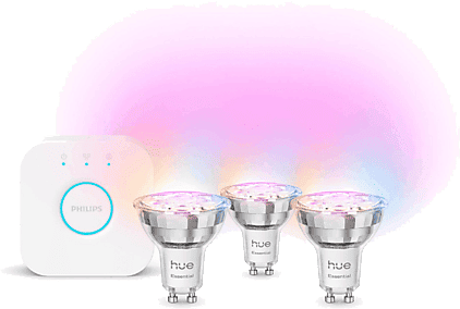 Philips Bombilla Inteligente - Hue Essentials Kit Bombillas LED GU10, 806 Lm, RGB, Compatible Con Alexa, Google, AppleHomekit, 3 bombillas+Hue Bridge